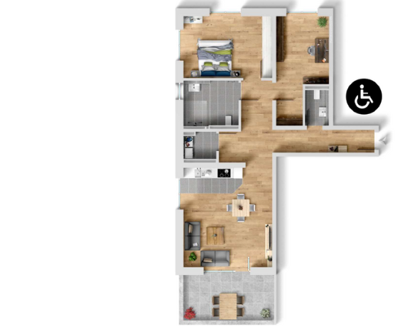 Grundriss einer barrierefreien 3-Zimmer-Neubauwohnung mit großzügigem Wohn-Essbereich, Küche, Schlafzimmer, Arbeitszimmer, Bad, Gäste-WC, Abstellraum und Terrasse – mit Rollstuhlsymbol gekennzeichnet