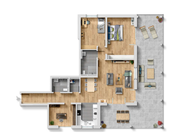 Grundriss einer großzügigen Neubauwohnung mit 3 Zimmern, großem Wohn-Essbereich, offener Küche, Schlafzimmer, Büro, Bad, Gäste-WC und weitläufiger Terrasse